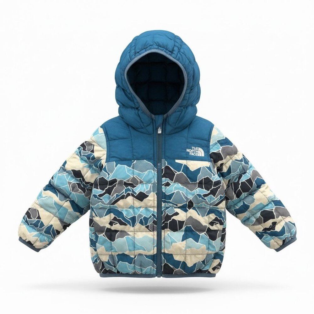 The North Face Toddler Boys Puffer Jacket Blue Camo Hooded 2T Insulated Coat
